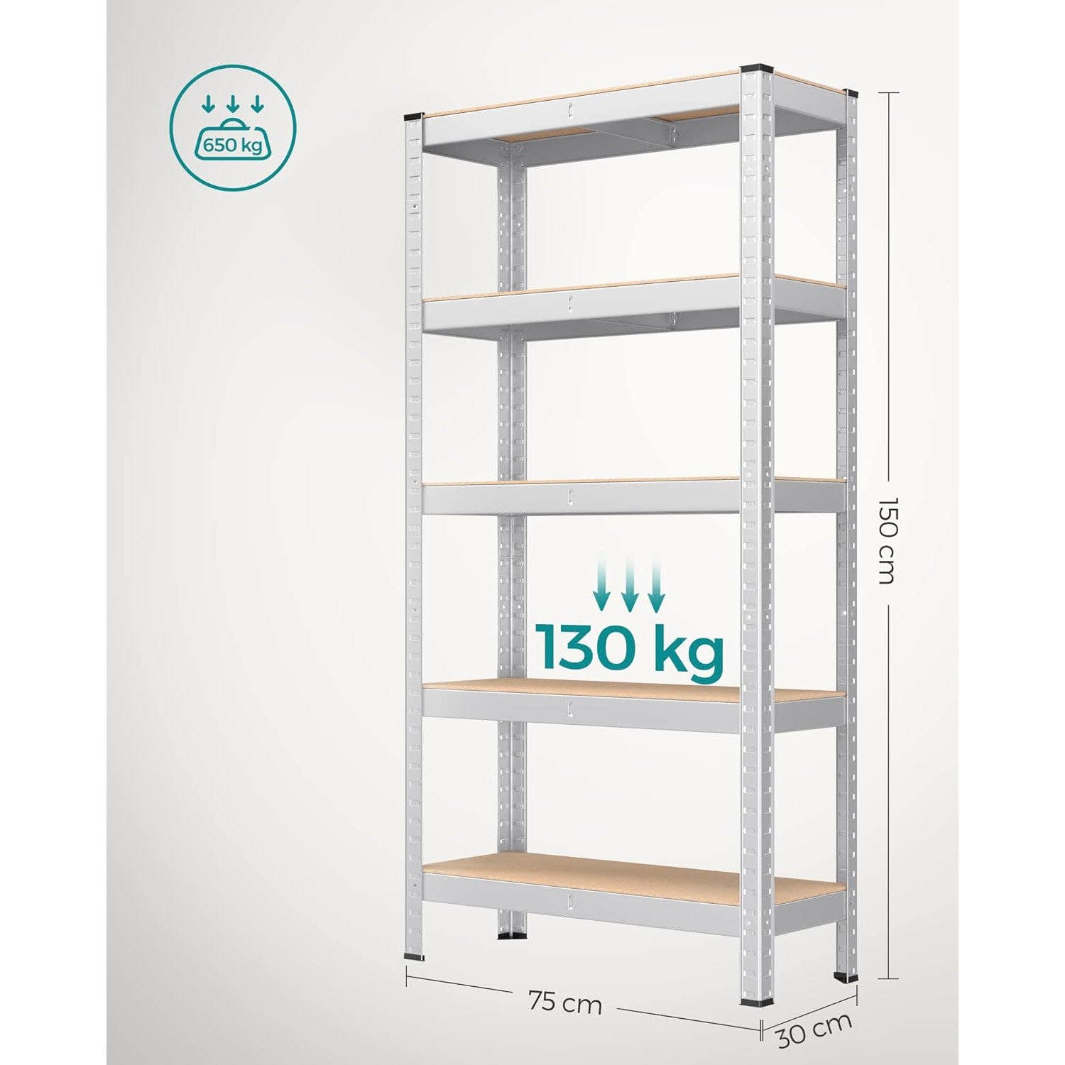 Metalna polica na 5 razina, nosivosti 650 kg, 30 x 75 x 150 cm, srebrne boje | SONGMICS-vitahome.hr