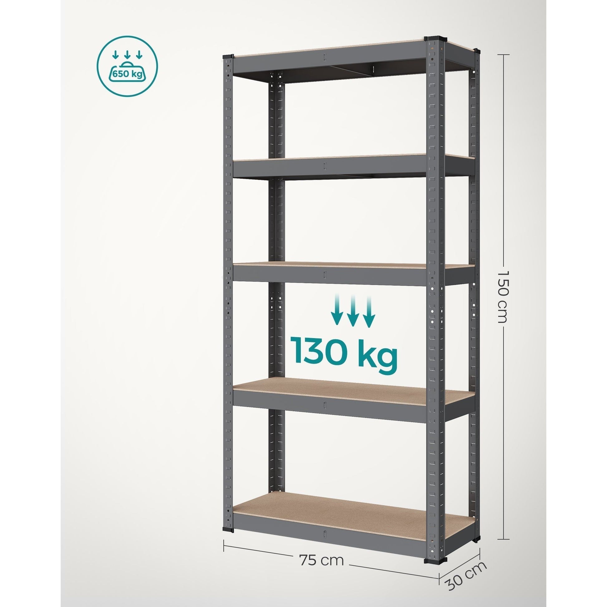 Metalna polica na 5 razina, nosivosti 650 kg, 30 x 75 x 150 cm, tamno siva | SONGMICS-vitahome.hr