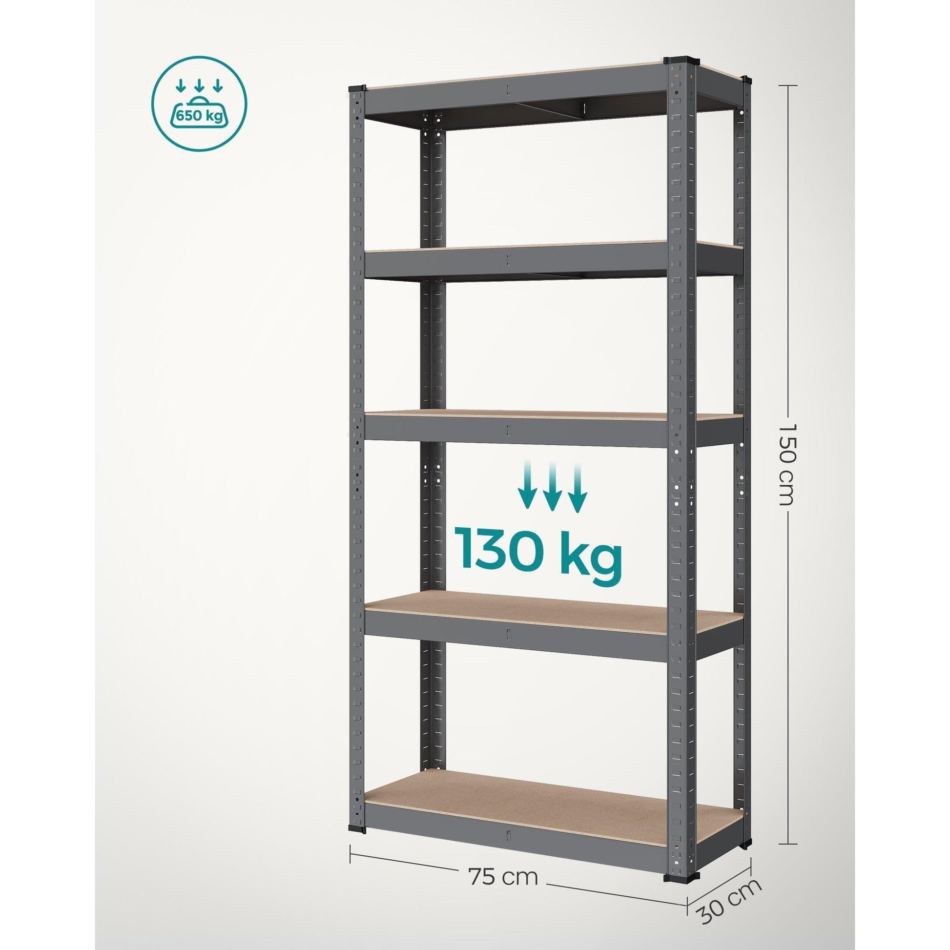 Metalna polica na 5 razina, nosivosti 650 kg, 30 x 75 x 150 cm, tamno siva | SONGMICS-vitahome.hr