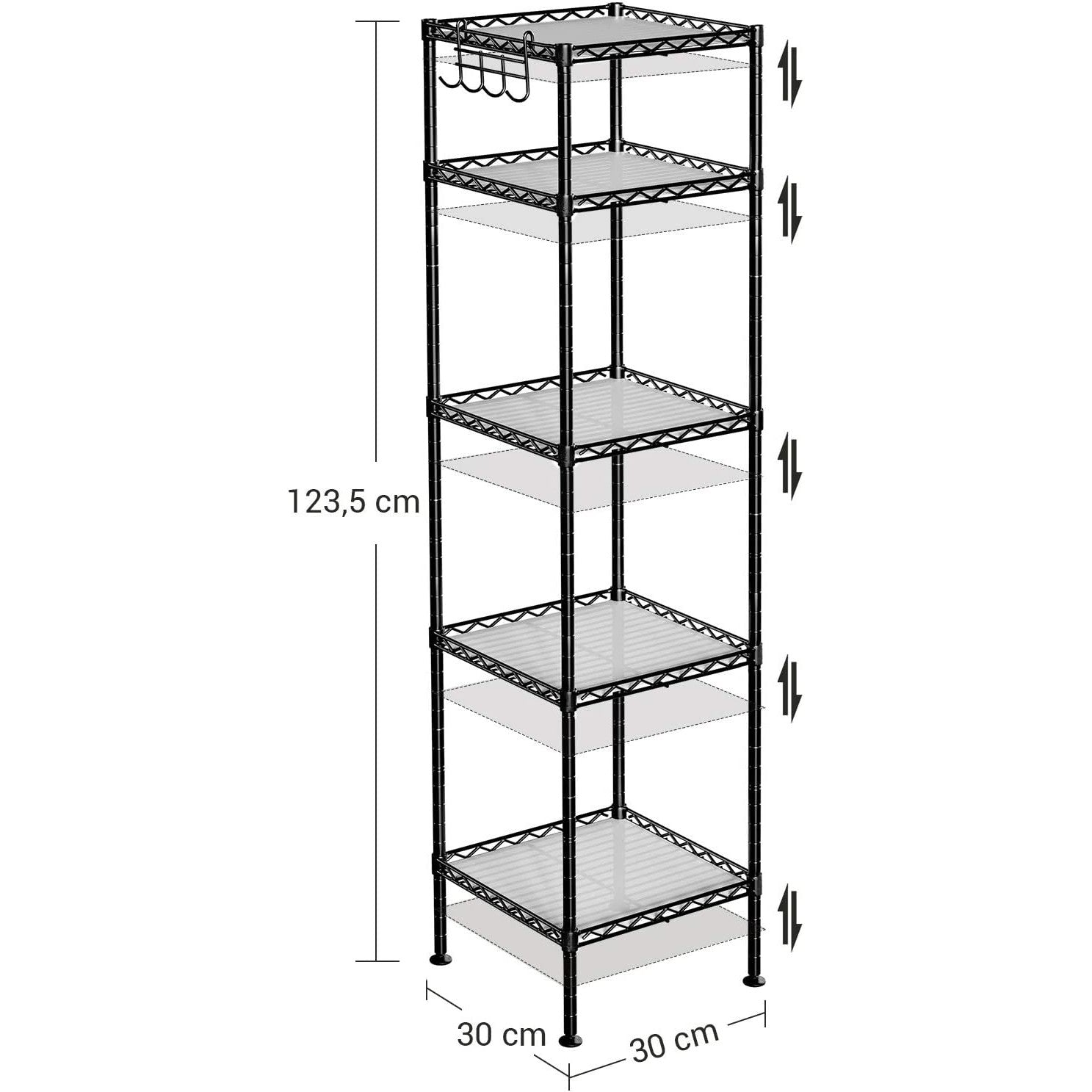 Metalna polica na 5 razina s kukama, nosivosti 100kg, 30x30x123,5 cm, crna | SONGMICS-vitahome.hr