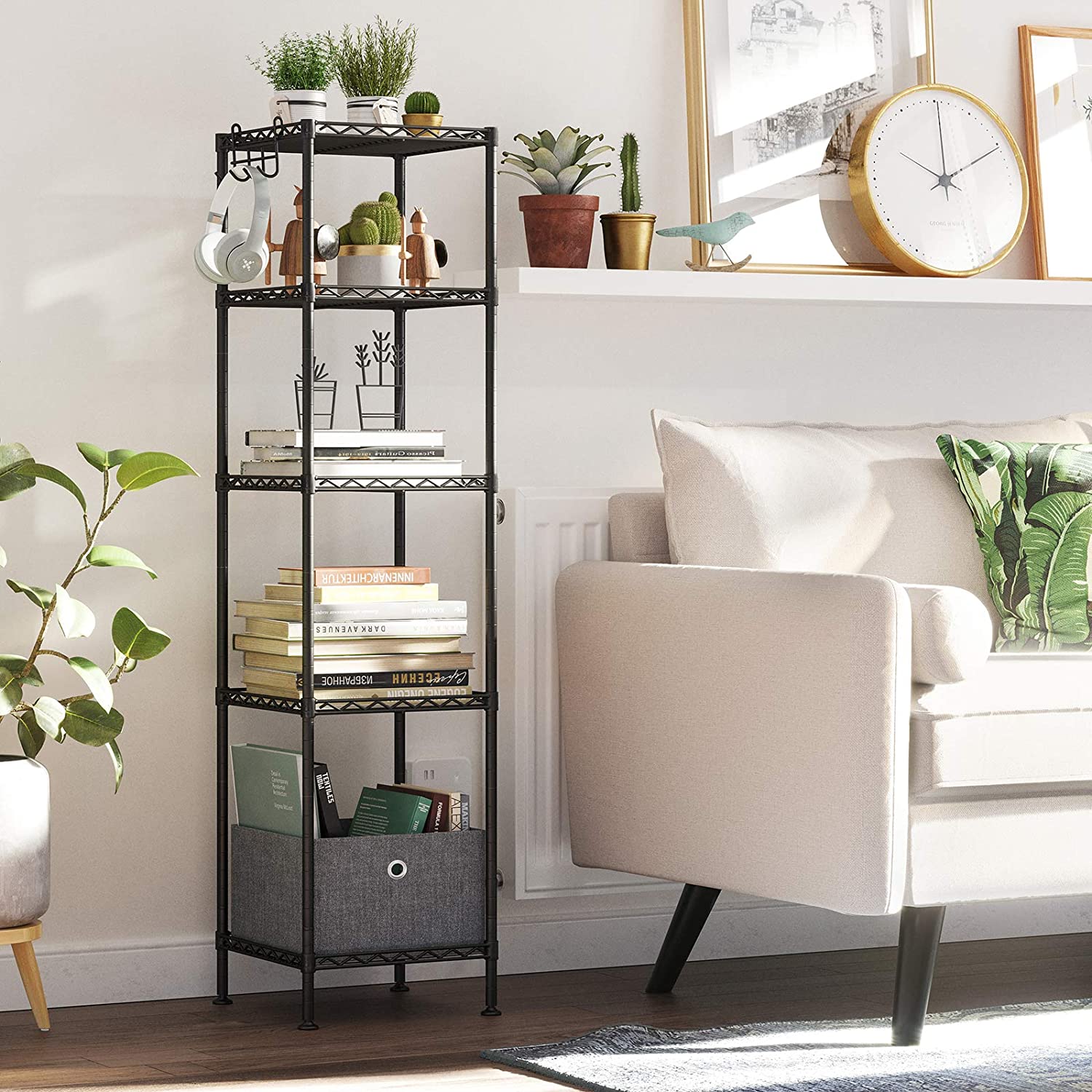 Metalna polica na 5 razina s kukama, nosivosti 100kg, 30x30x123,5 cm, crna | SONGMICS-vitahome.hr