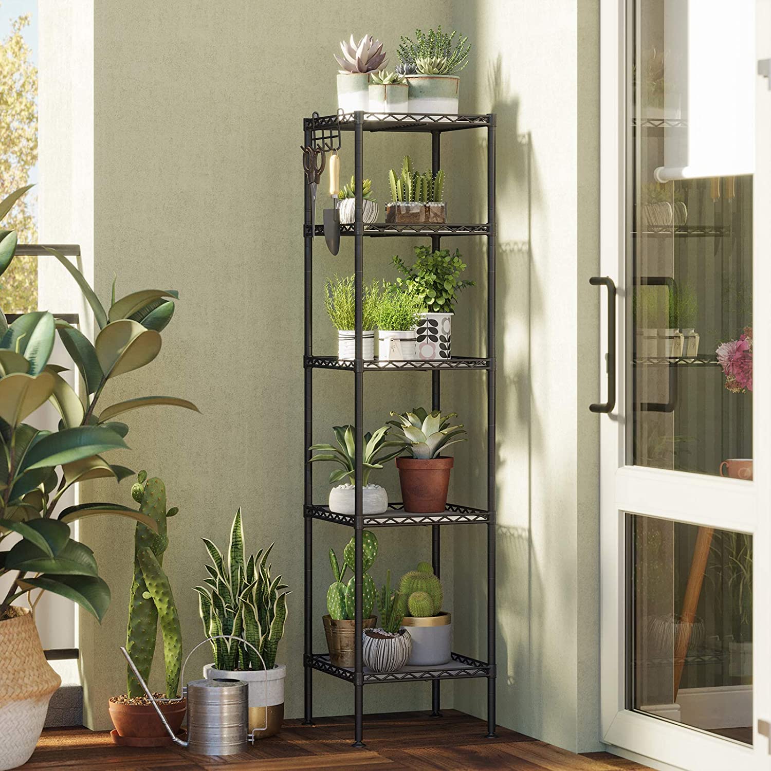 Metalna polica na 5 razina s kukama, nosivosti 100kg, 30x30x123,5 cm, crna | SONGMICS-vitahome.hr
