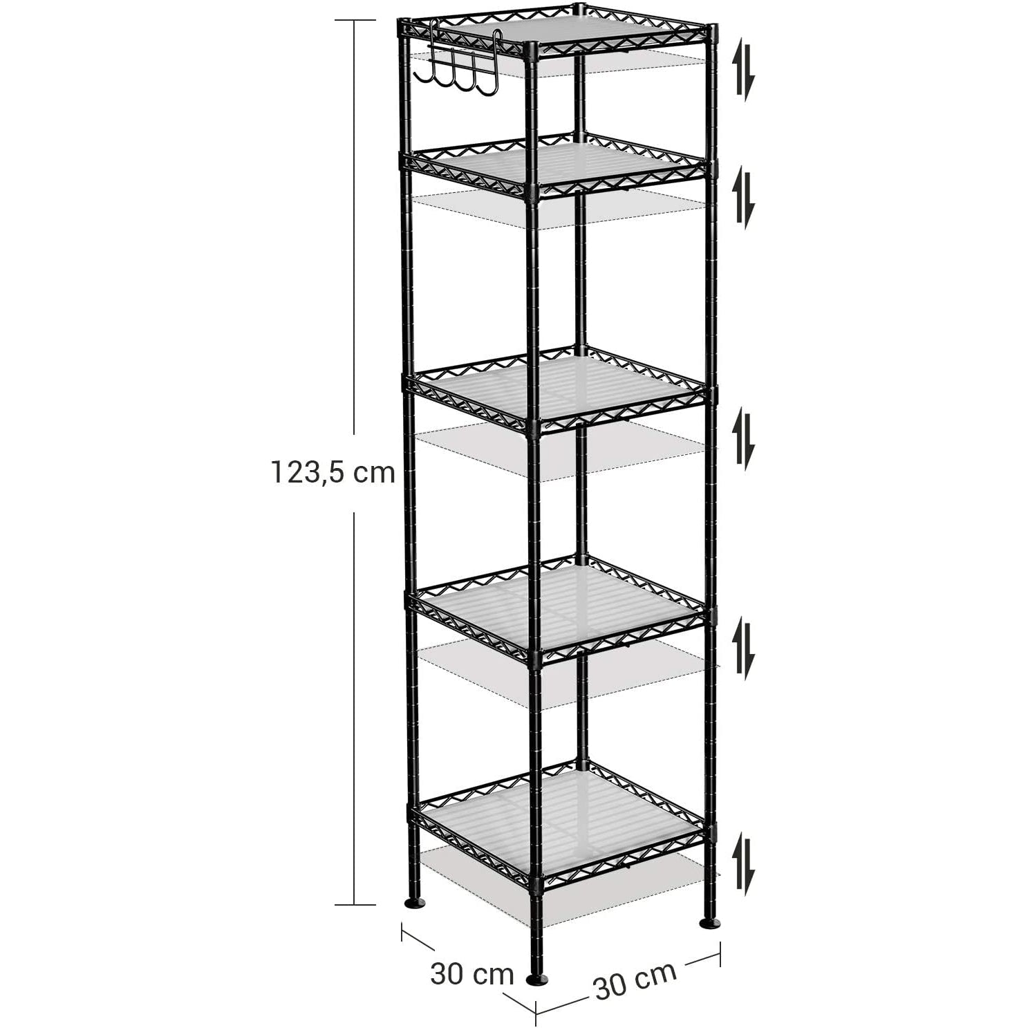 Metalna polica na 5 razina s kukama, nosivosti 100kg, 30x30x123,5 cm, crna | SONGMICS-vitahome.hr