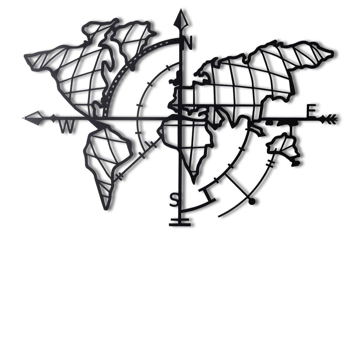 Metalna zidna dekoracija, World Map Compass Led - Black | AG-vitahome.hr
