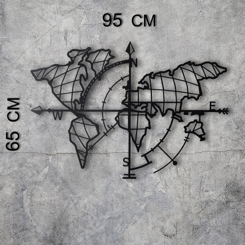 Metalna zidna dekoracija, World Map Compass Led - Black | AG-vitahome.hr
