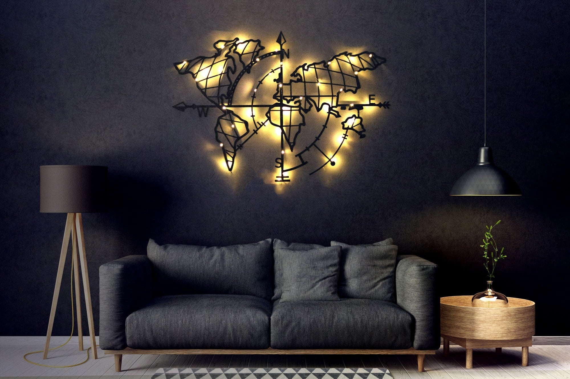 Metalna zidna dekoracija, World Map Compass Led - Black | AG-vitahome.hr