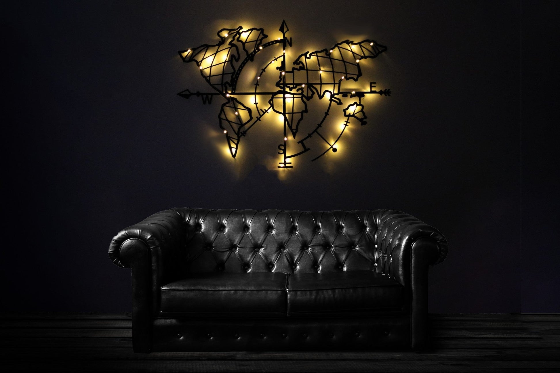 Metalna zidna dekoracija, World Map Compass Led - Black | AG-vitahome.hr