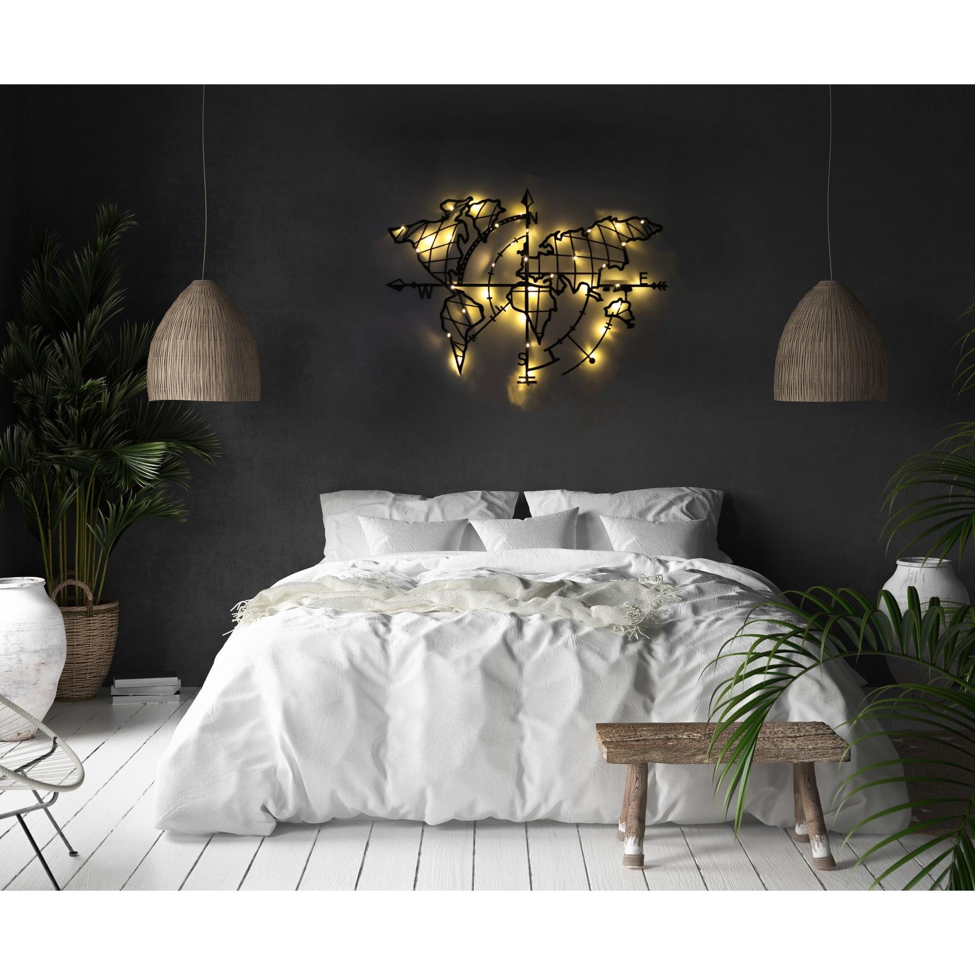 Metalna zidna dekoracija, World Map Compass Led - Black | AG-vitahome.hr