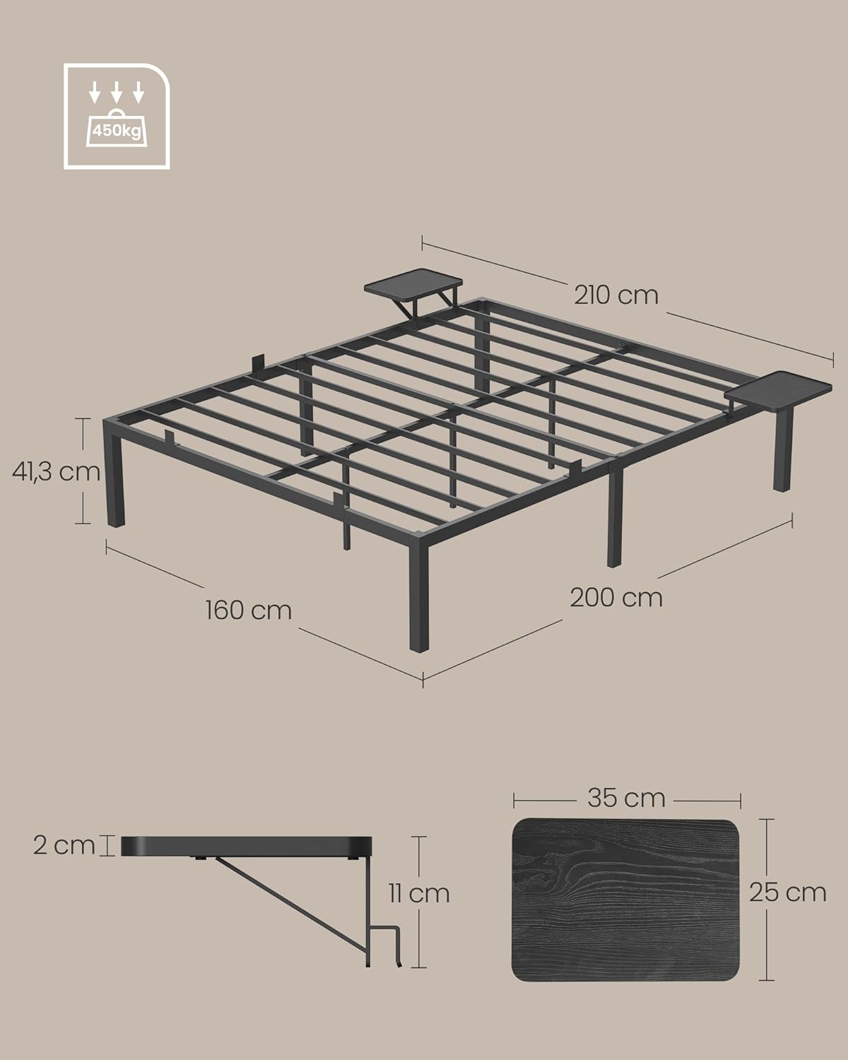 Metalni okvir za krevet dimenzija 160 × 200 cm, s policama za pohranu, crni