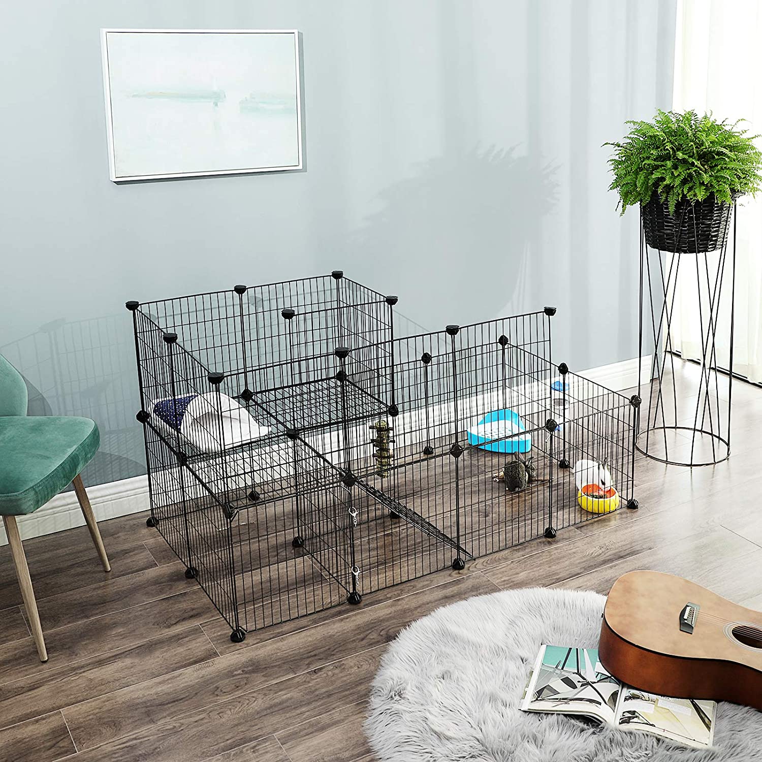 Metalni mrežasti kavez za kućne ljubimce, prilagodljivo igralište, crni | SONGMICS-vitahome.hr