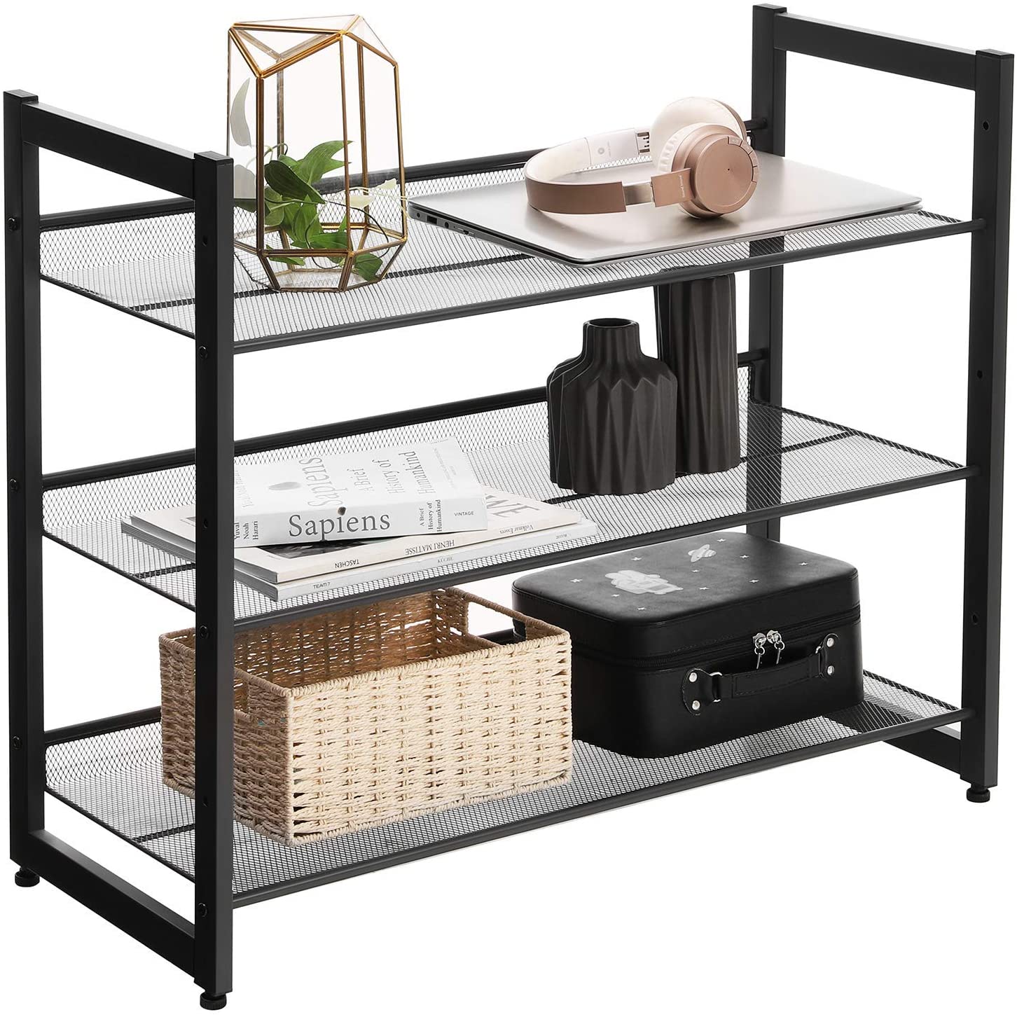 Metalni mrežasti stalak za cipele s 3 razine 74 x 30,7 x 62,8 cm, crni | SONGMICS-vitahome.hr