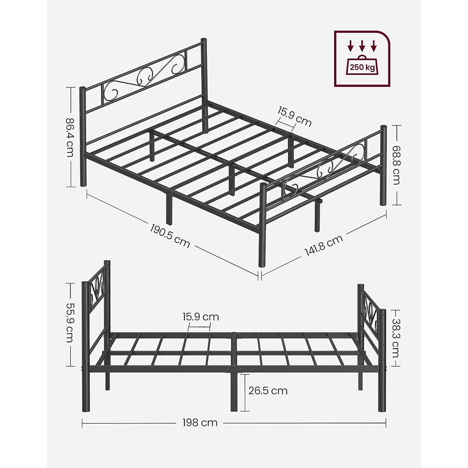 Metalni okvir za bračni krevet dimenzija 198 x 86,4 x 141,8 cm, crni | VASAGLE-vitahome.hr