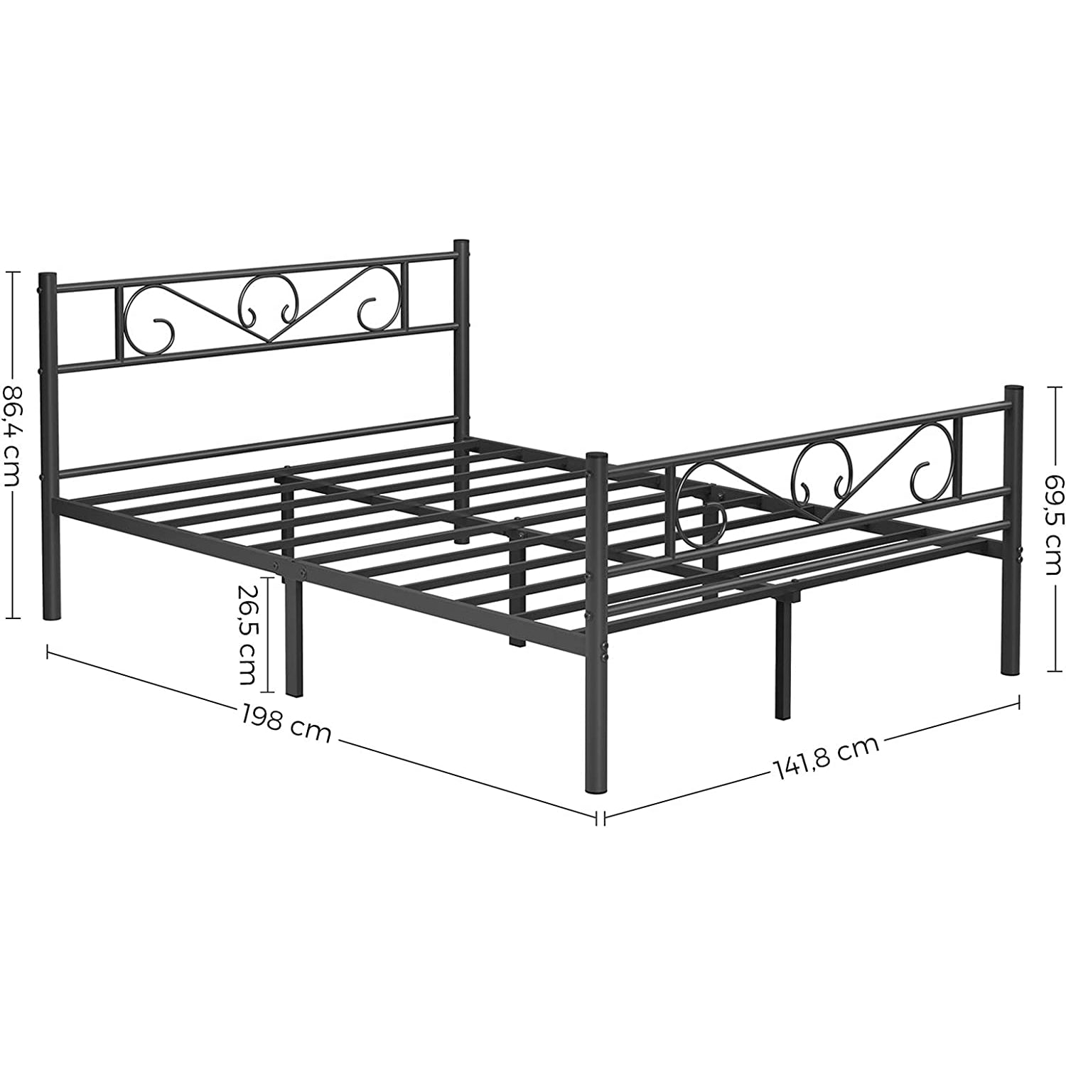 Metalni okvir za bračni krevet dimenzija 198 x 86,4 x 141,8 cm, crni | VASAGLE-vitahome.hr