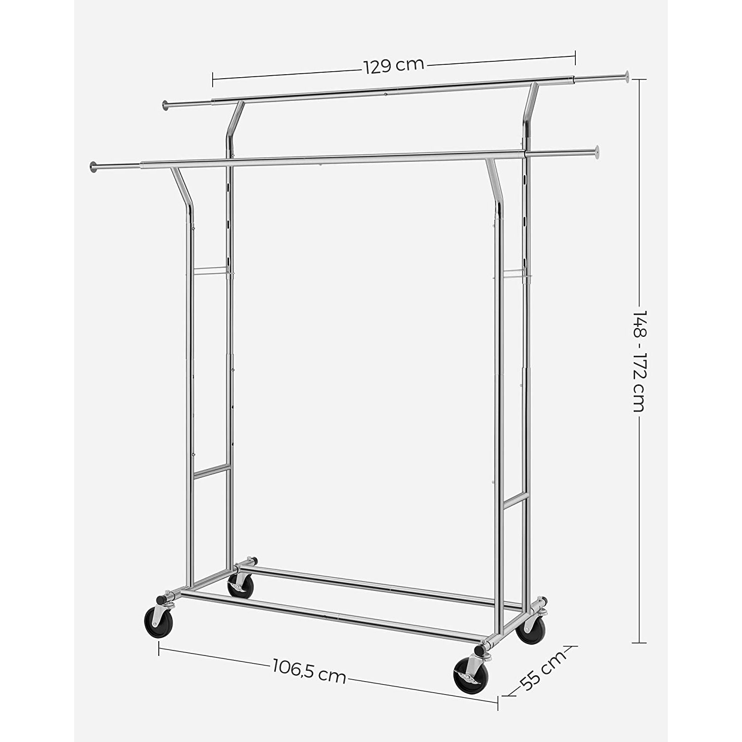 Metalni stalak za odjeću na kotačićima, 129 x 55 x 148/172 cm, srebrni | SONGMICS-vitahome.hr