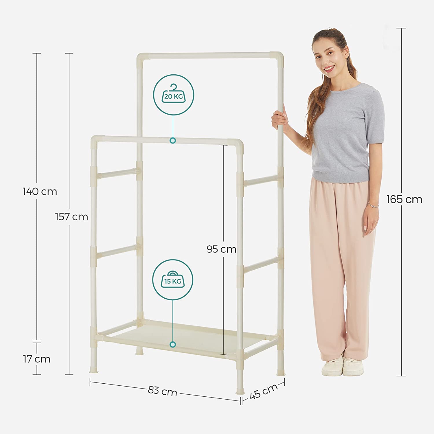 Metalni stalak za odjeću s 2 šipke i policom, 84 x 157 x 44,5 cm, bijeli | SONGMICS-vitahome.hr