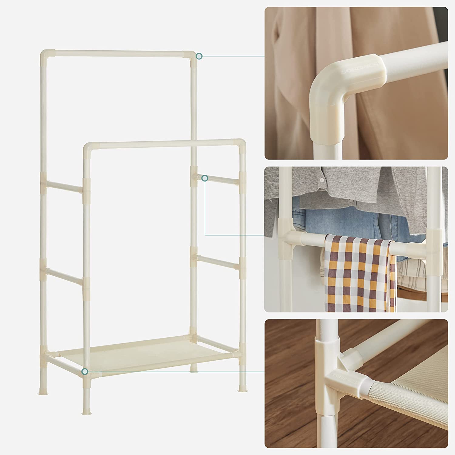 Metalni stalak za odjeću s 2 šipke i policom, 84 x 157 x 44,5 cm, bijeli | SONGMICS-vitahome.hr