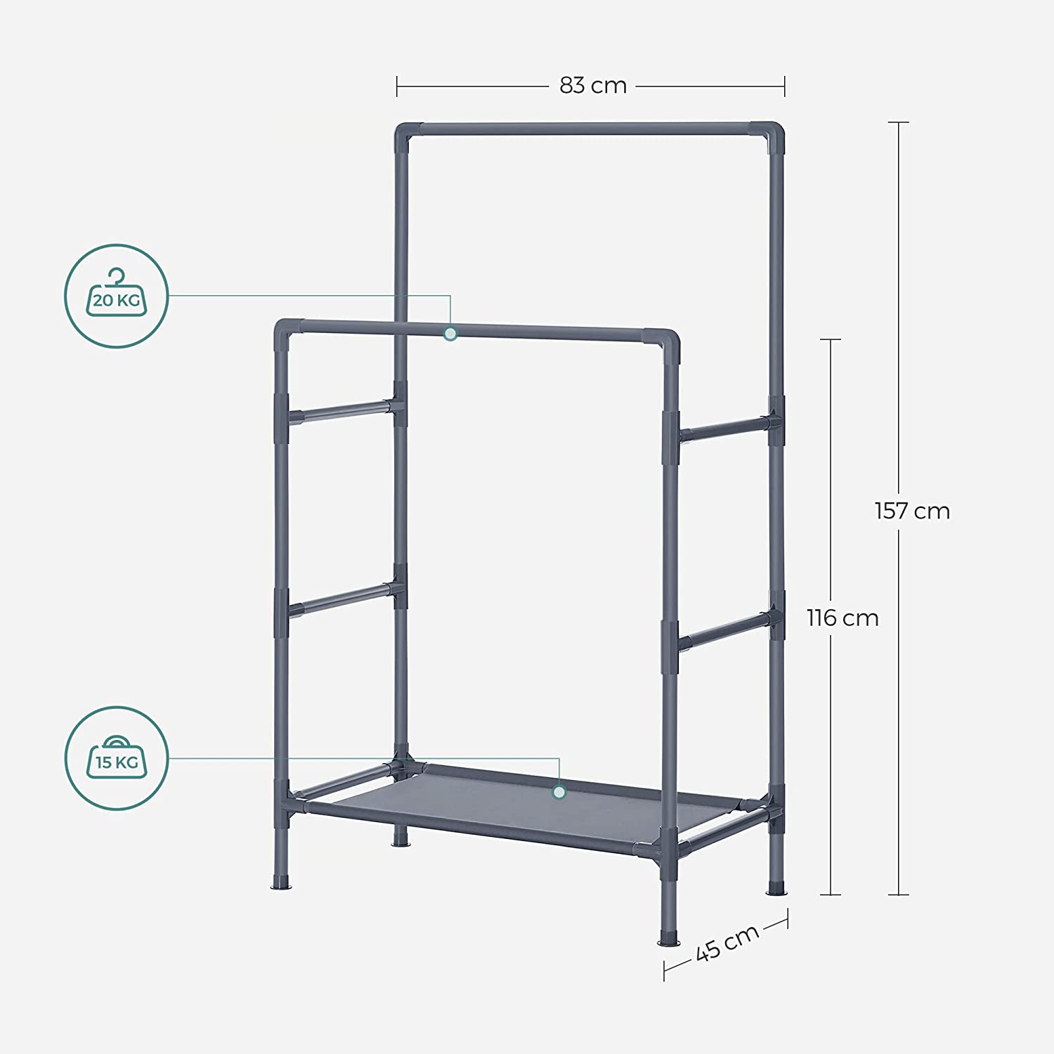 Metalni stalak za odjeću s 2 šipke i policom, 84 x 157 x 44,5 cm, sivi | SONGMICS-vitahome.hr