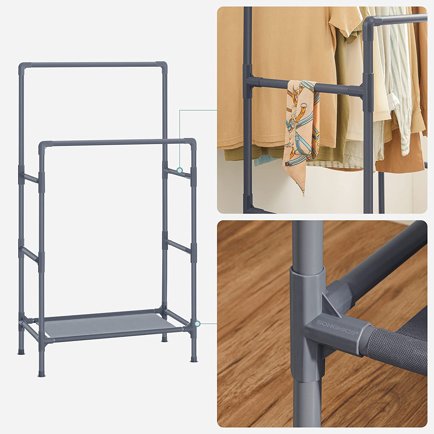 Metalni stalak za odjeću s 2 šipke i policom, 84 x 157 x 44,5 cm, sivi | SONGMICS-vitahome.hr