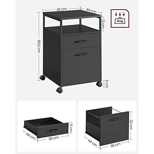 Mobil iratszekrény kerekekkel, 2 fiókos, nyitott polccal, fekete-VASAGLE-Vita Home