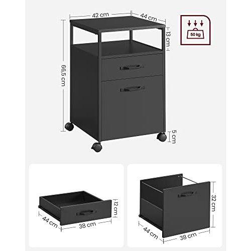 Mobil iratszekrény kerekekkel, 2 fiókos, nyitott polccal, fekete-VASAGLE-Vita Home