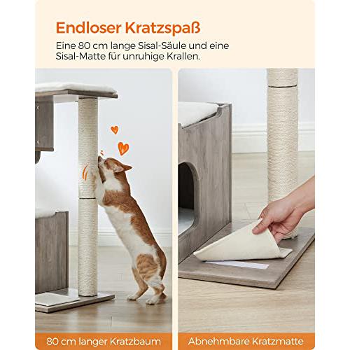 Modern 86 cm-es macskakaparó oszlop macskabarlanggal, szürke és fehér-FEANDREA-Vita Home