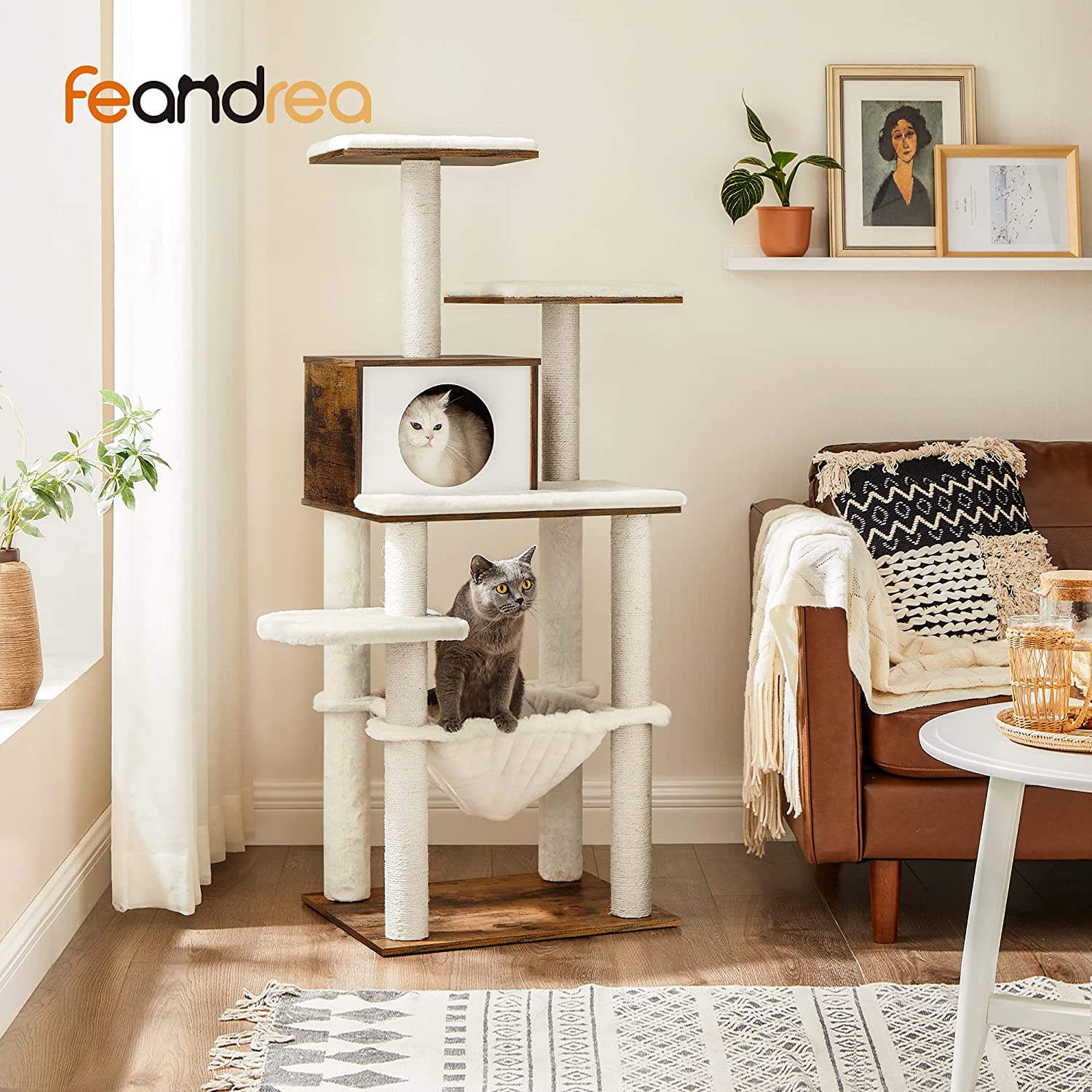Moderna grebalica za mačke s kućicom, visine 138 cm, rustikalno smeđa | FEANDREA | FEANDREA-vitahome.hr