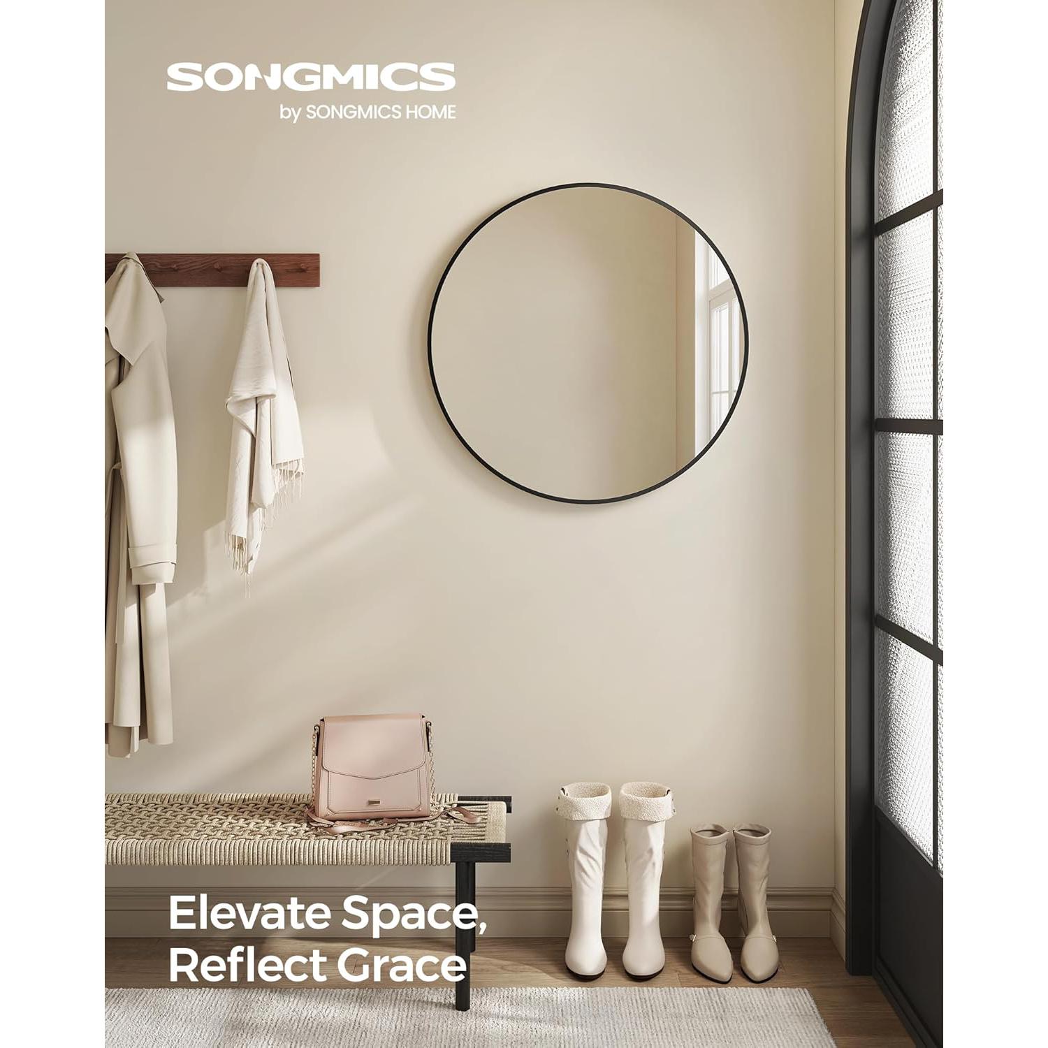 Moderno okruglo ogledalo za zid, obima 61cm, metalnog okvira crne boje | SONGMICS-vitahome.hr