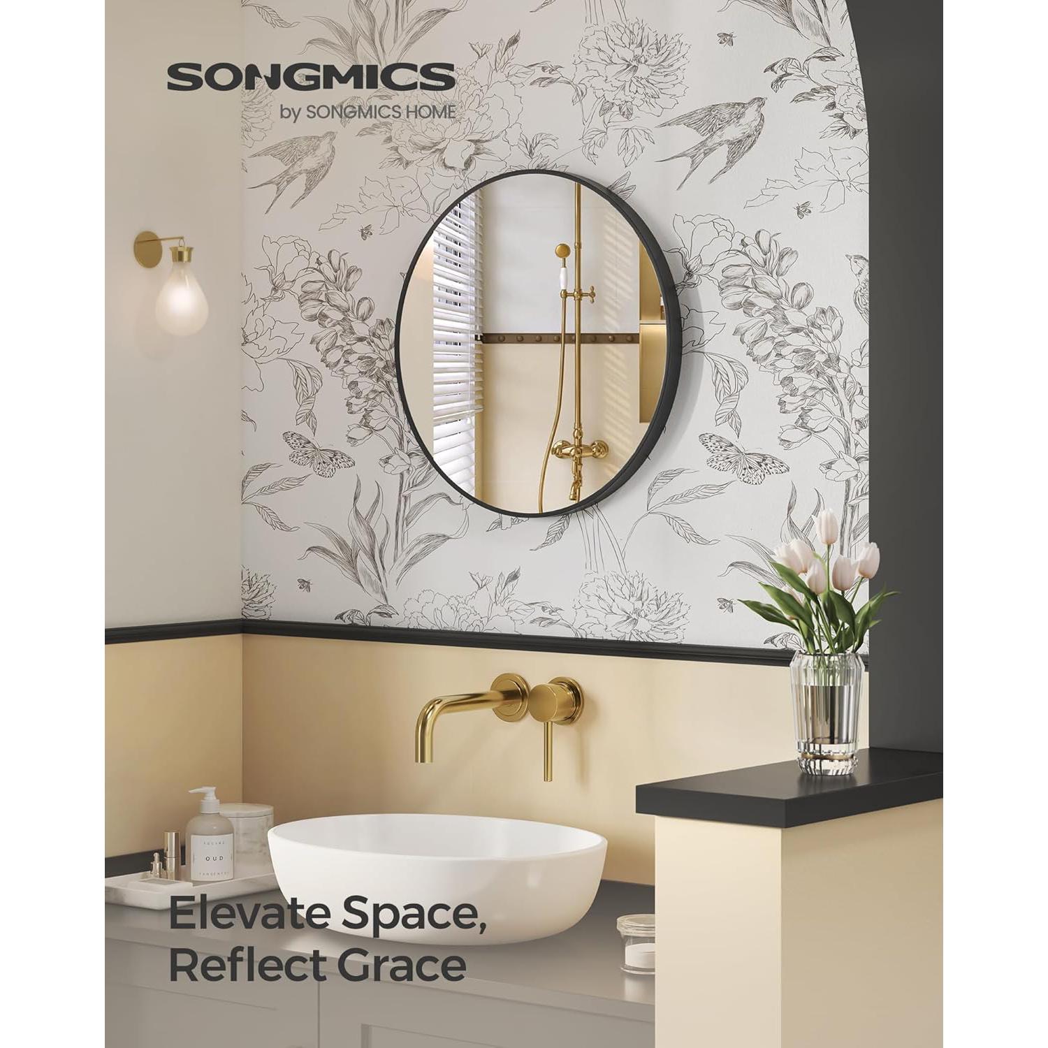 Moderno okruglo ogledalo za zid, obima 61cm, metalnog okvira crne boje | SONGMICS-vitahome.hr