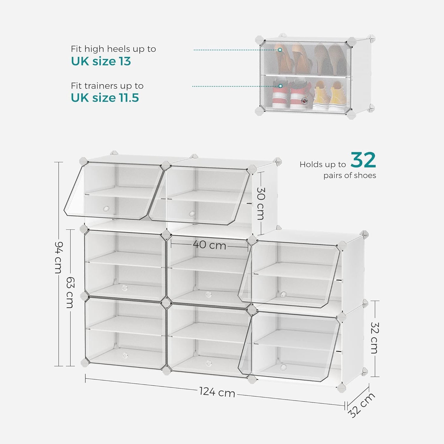 Modularna polica za cipele s 8 pretinaca, plastični ormarić, bijeli | SONGMICS-vitahome.hr