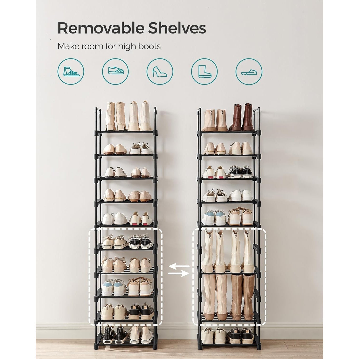 Modularni metalni sustav za pohranu cipela na 10 razina 45x174x30 cm, crni | SONGMICS-vitahome.hr