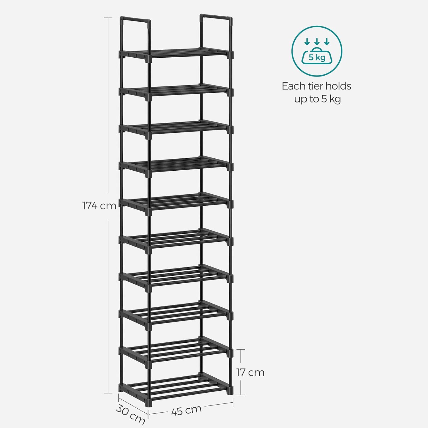 Modularni metalni sustav za pohranu cipela na 10 razina 45x174x30 cm, crni | SONGMICS-vitahome.hr