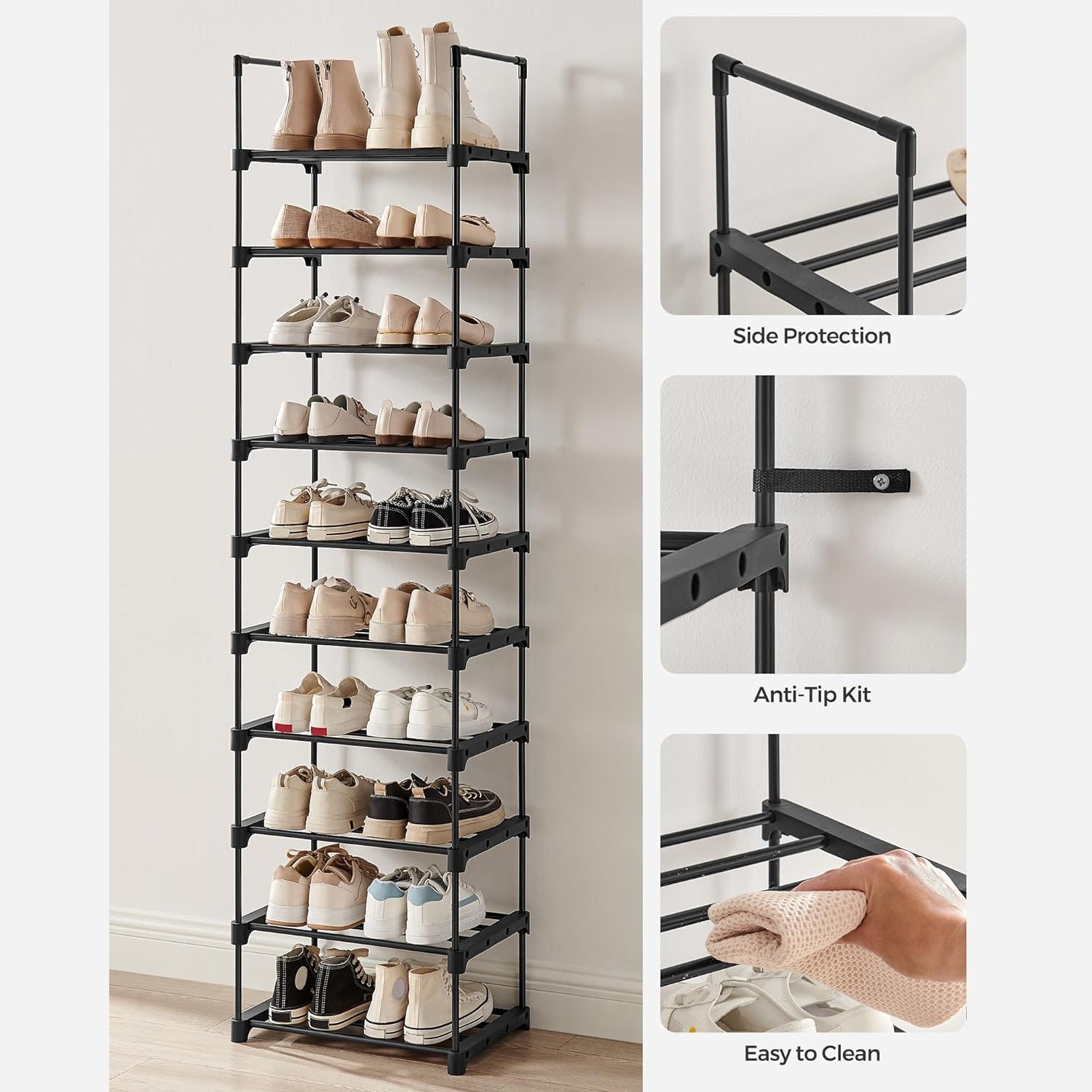 Modularni metalni sustav za pohranu cipela na 10 razina 45x174x30 cm, crni | SONGMICS-vitahome.hr