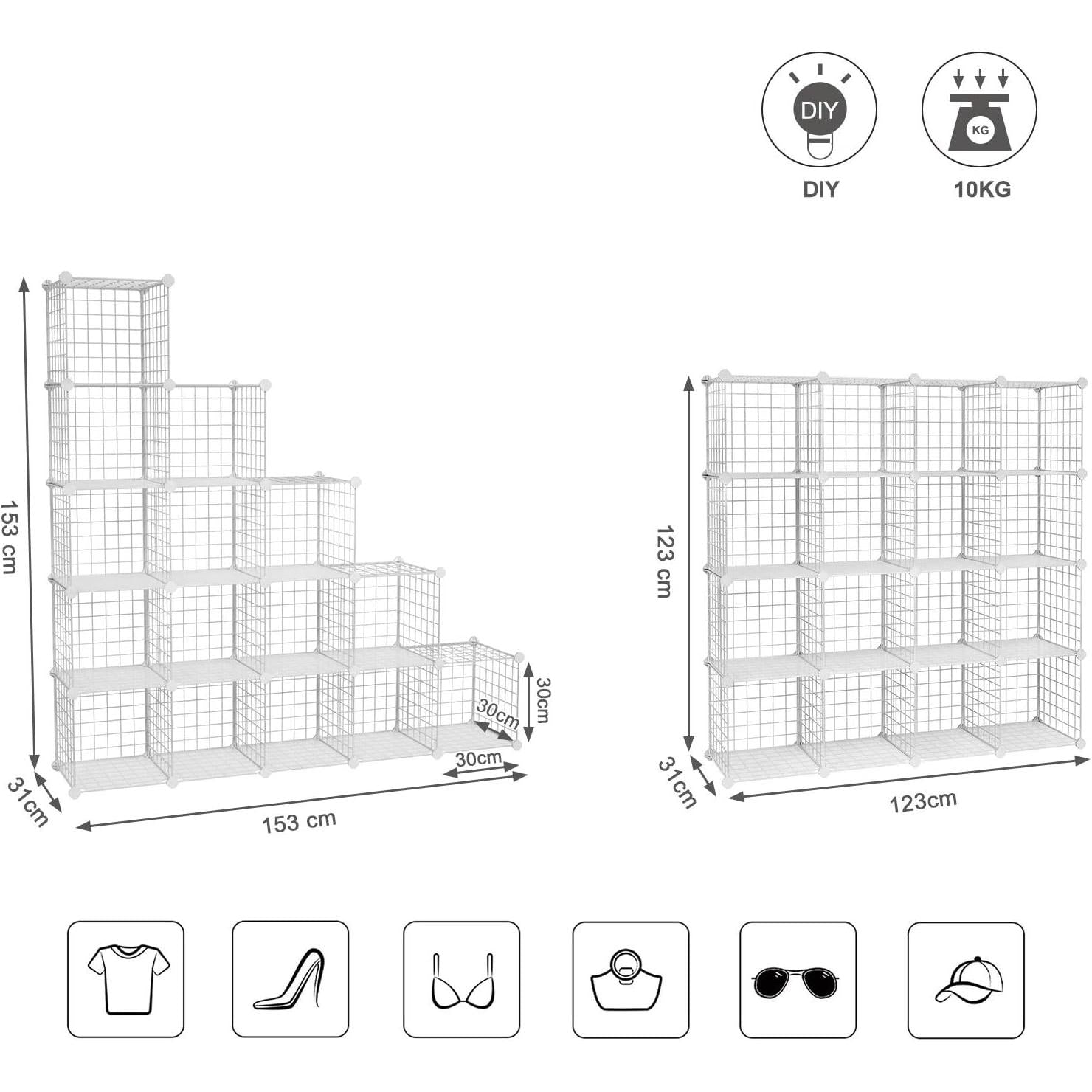 Modularni organizator za pohranu s 16 kocki, 123 x 31 x 123 cm, bijeli | SONGMICS-vitahome.hr