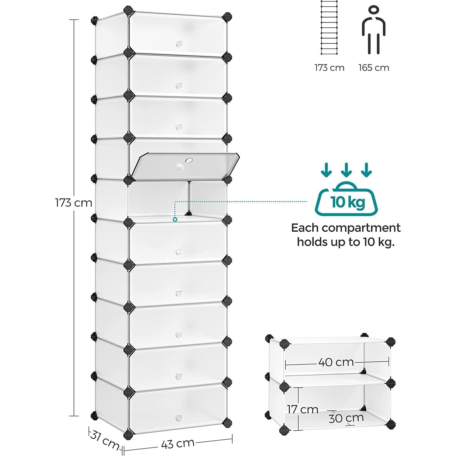 Modularni, plastični stalak za cipele s 10 pretinaca, svaki pretinac 40x30x17cm, bijeli | SONGMICS-vitahome.hr