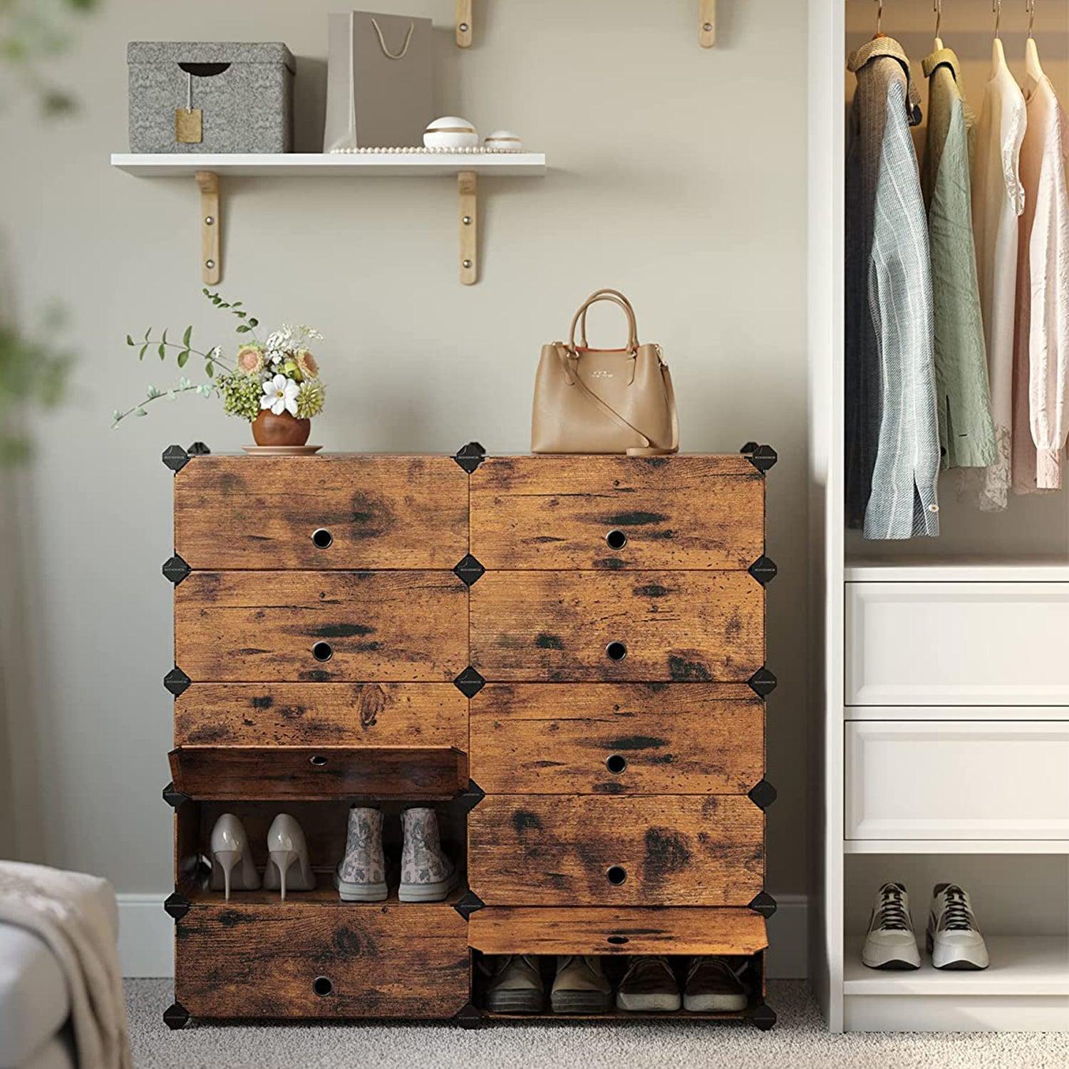 Modularni, plastični stalak za cipele s 10 pretinaca, svaki pretinac 40x30x17cm, smeđi | SONGMICS-vitahome.hr