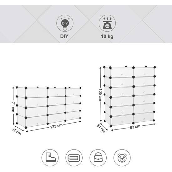 Modularni, plastični stalak za cipele s 12 pretinaca, svaki pretinac 40x30x17cm, bijeli | SONGMICS-vitahome.hr