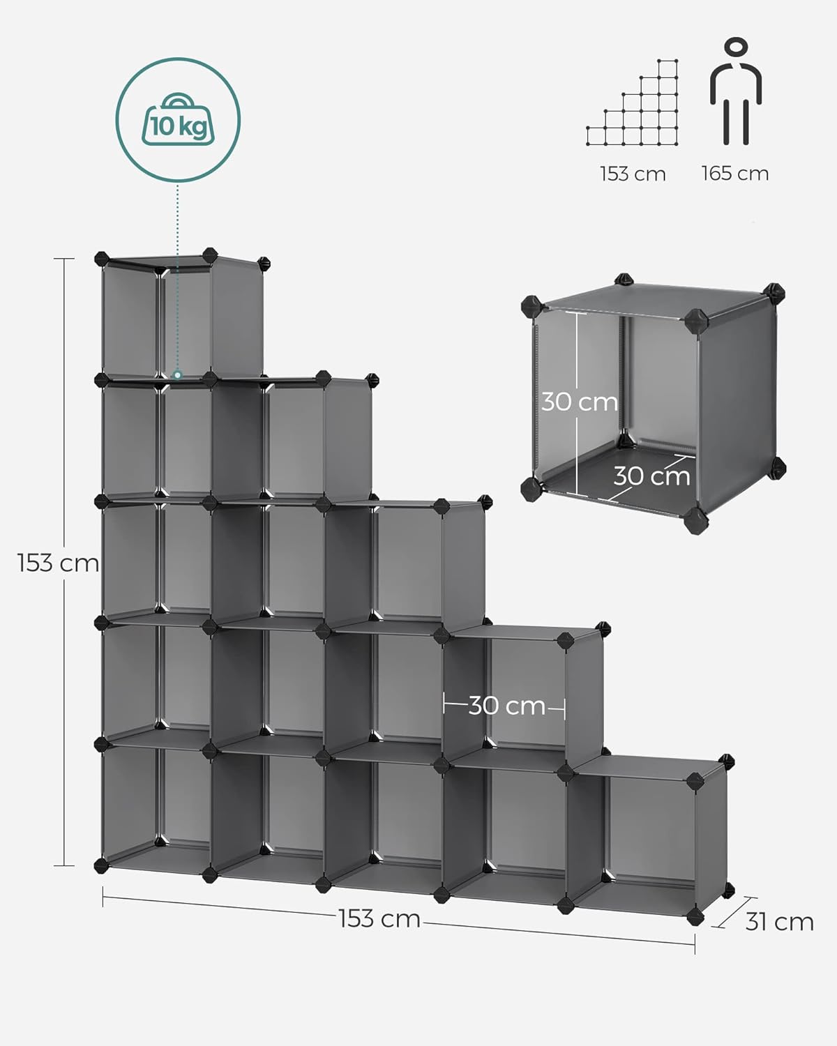 Modularni spremnik za pohranu, 16 plastičnih kocki, organizator, sivi | SONGMICS