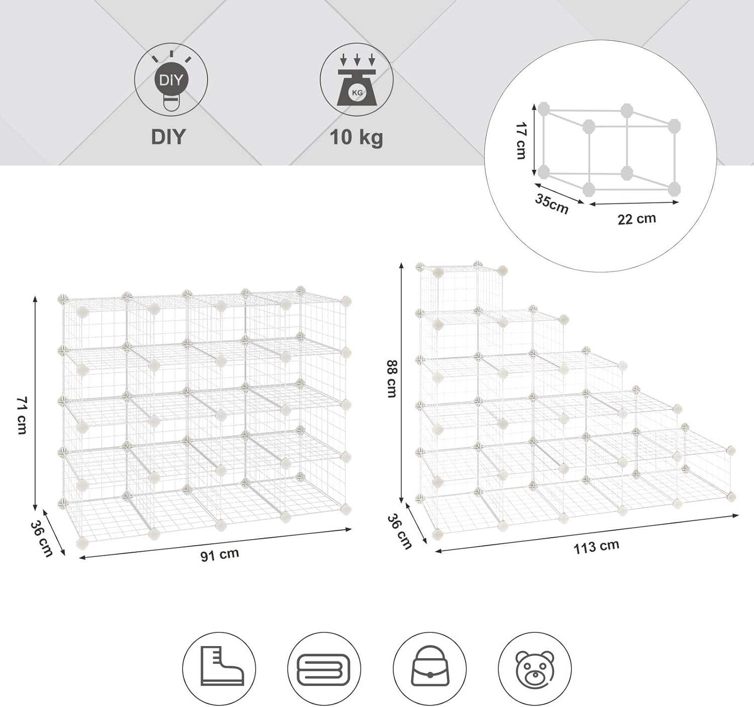 Modularni stalak za odlaganje, police za cipele, 91 x 36 x 71 cm, bijeli | SONGMICS-vitahome.hr