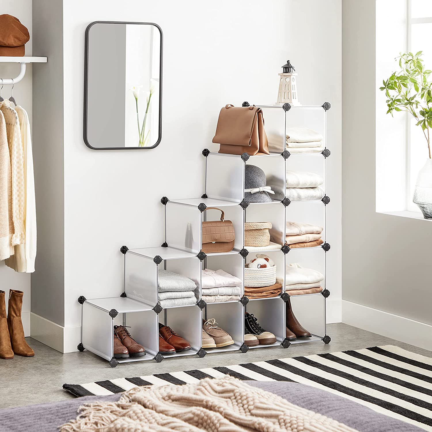 Modularni sustav za pohranu, stalak za cipele s 15 pretinaca, prozirno-bijeli | SONGMICS-vitahome.hr
