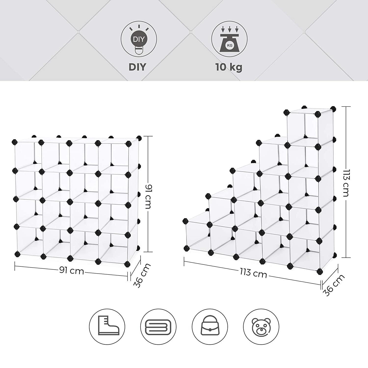 Modularni sustav za pohranu, stalak za cipele s 15 pretinaca, prozirno-bijeli | SONGMICS-vitahome.hr