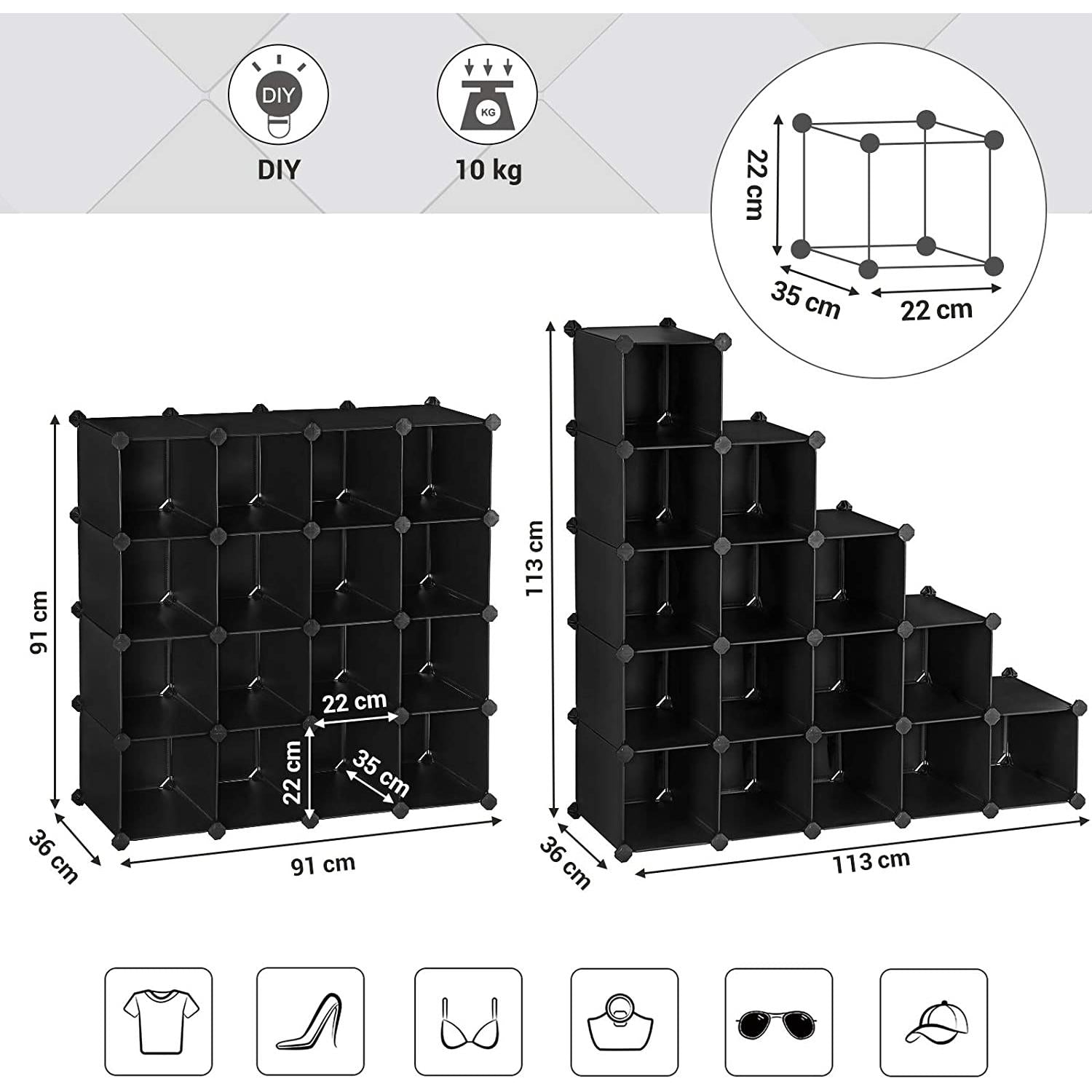 Modularni sustav za pohranu, stalak za cipele s 15 pretinaca, prozirno-crni | SONGMICS-vitahome.hr