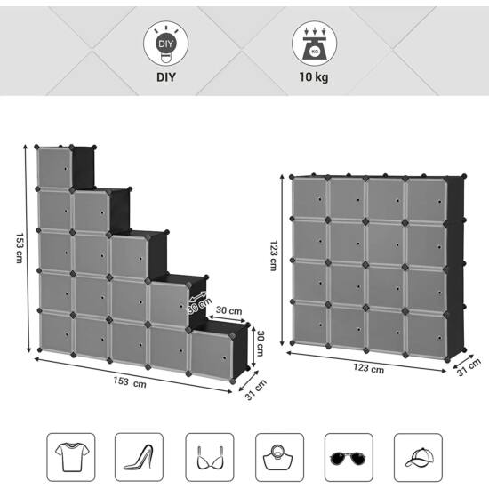Modularni sustav za pohranu, stalak za cipele s 15 pretinaca, prozirno-crni | SONGMICS-vitahome.hr