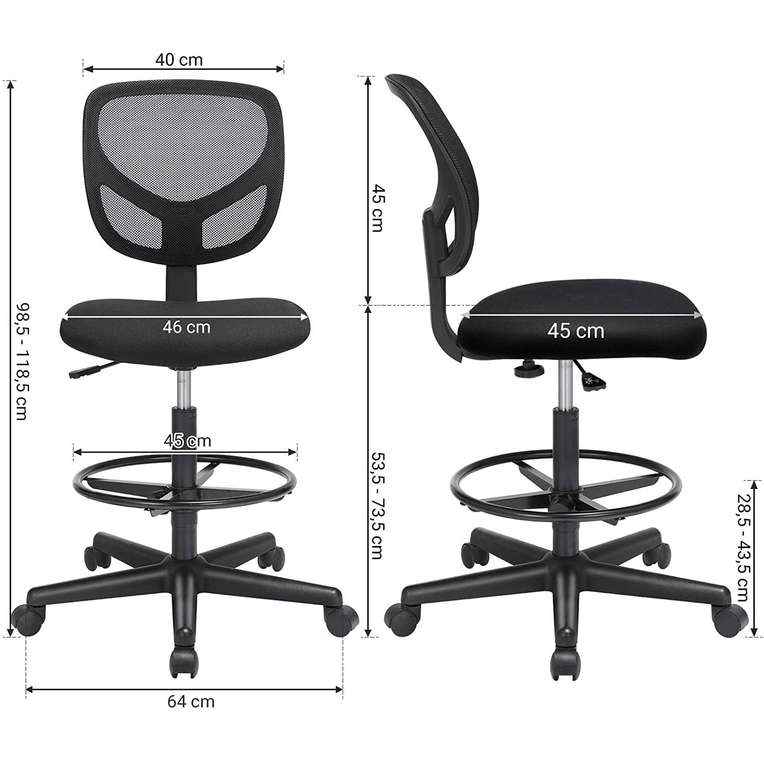 Mrežasta uredska stolica bez naslona za ruke, visina sjedala 55-75 cm, | SONGMICS-vitahome.hr