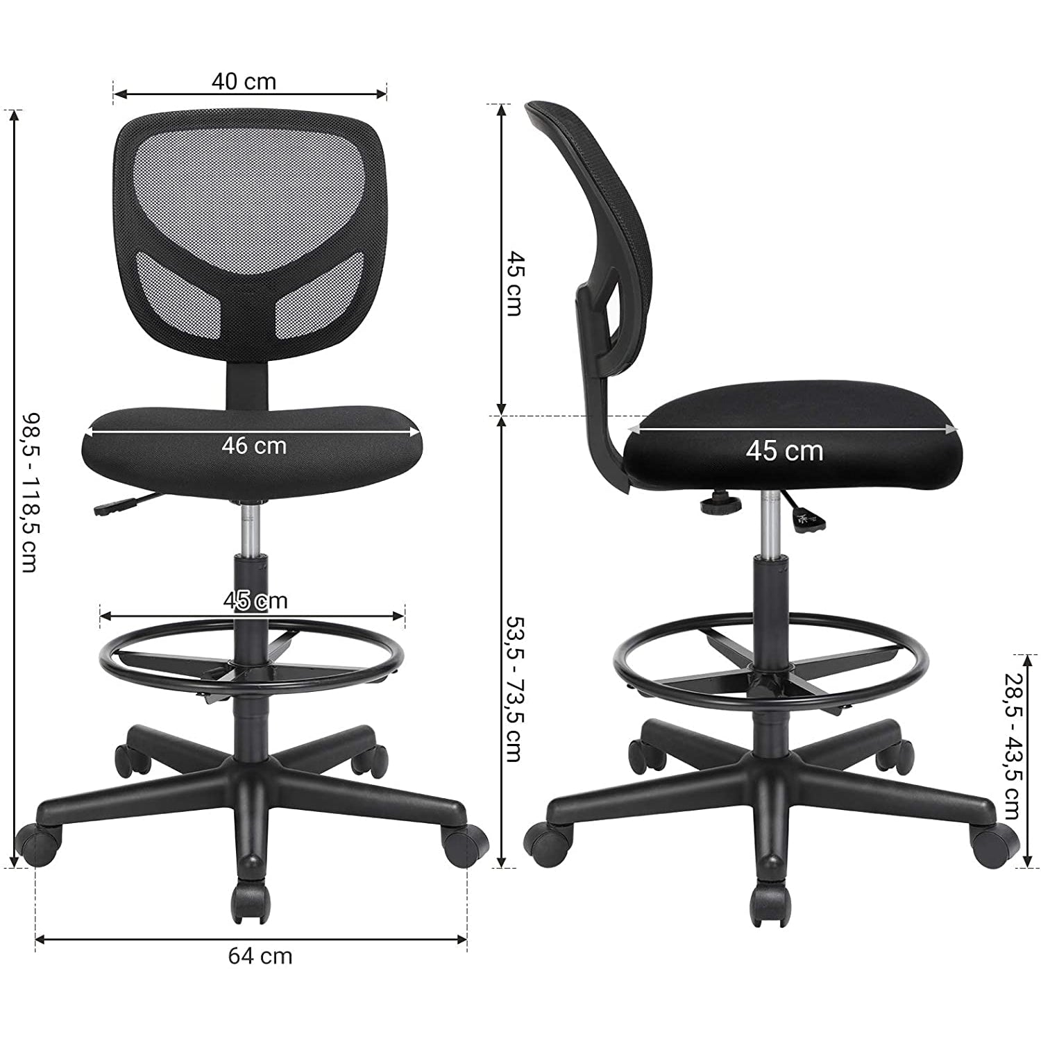 Mrežasta uredska stolica bez naslona za ruke, visina sjedala 55-75 cm, | SONGMICS-vitahome.hr