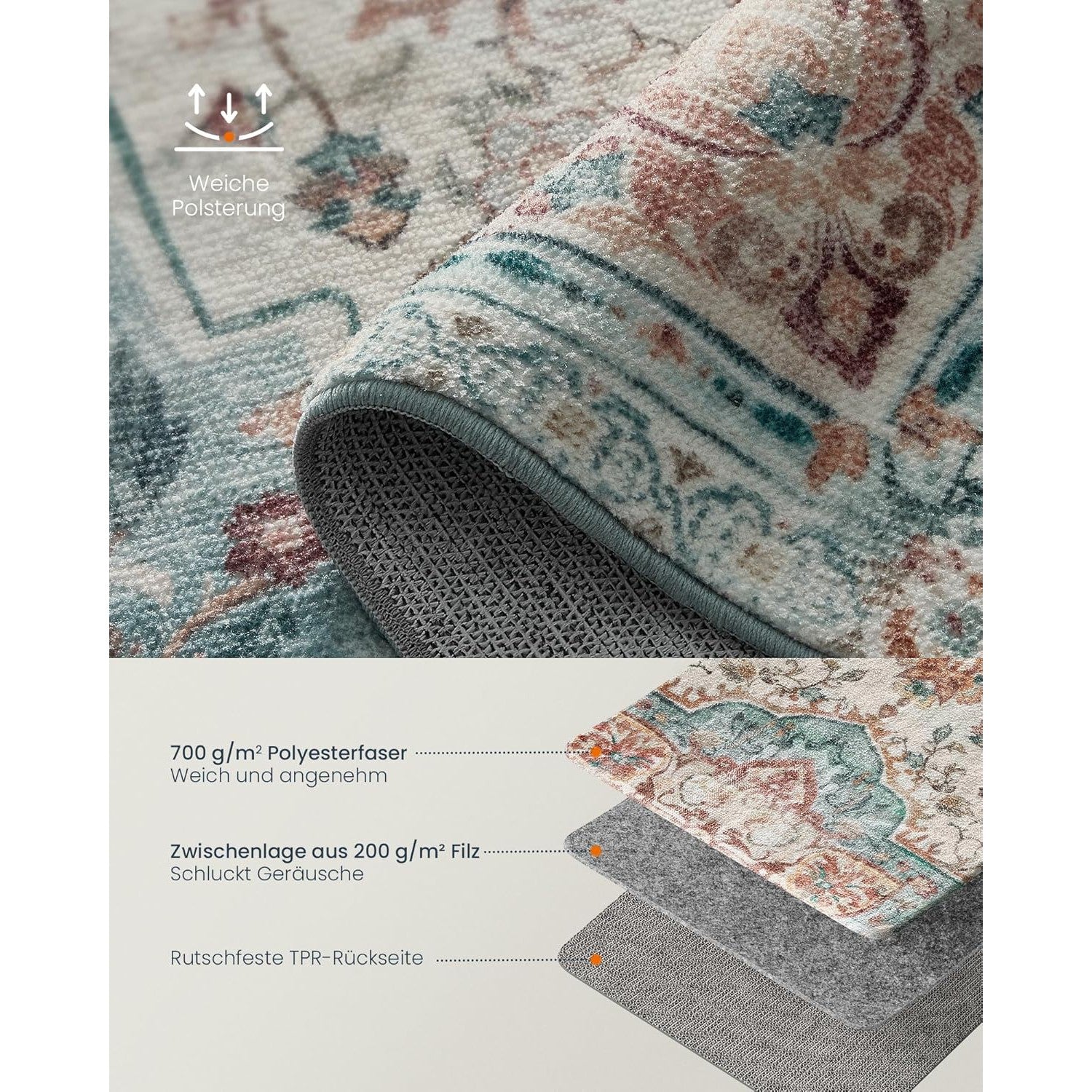 Neklizajući tepih tradicionalnog vintage stila, 92 x 153 cm, akvamarin boje | SONGMICS-vitahome.hr