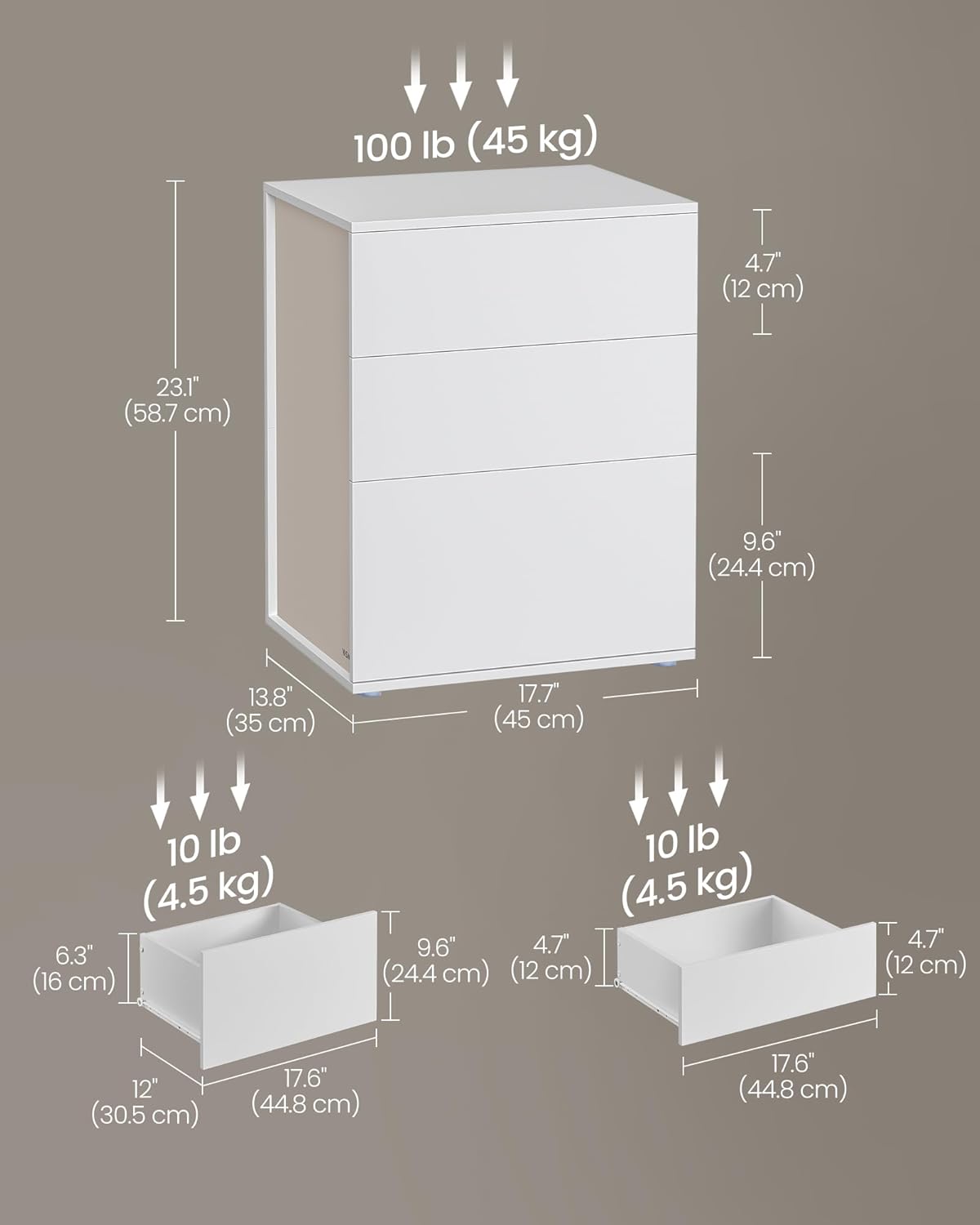 Noćni ormarić s 3 ladice, 35 x 45 x 58.7 cm, bež i bijele boje | VASAGLE-VASAGLE-Vita Home