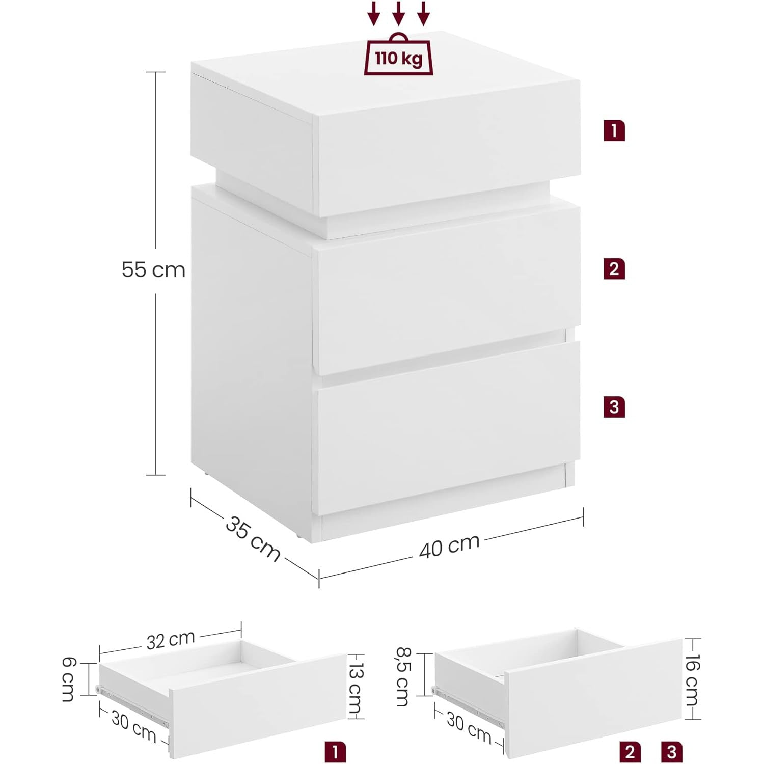 Noćni ormarić s LED rasvjetom i 3 ladice, 35 x 40 x 55 cm, bijele boje | VASAGLE-vitahome.hr