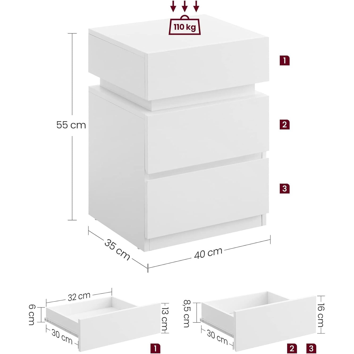 Noćni ormarić s LED rasvjetom i 3 ladice, 35 x 40 x 55 cm, bijele boje | VASAGLE-vitahome.hr