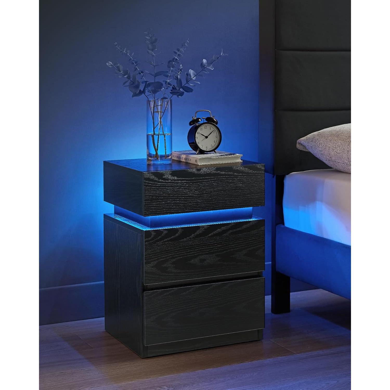 Noćni ormarić s LED rasvjetom i 3 ladice, 35 x 40 x 55 cm, crni-VASAGLE-Vita Home