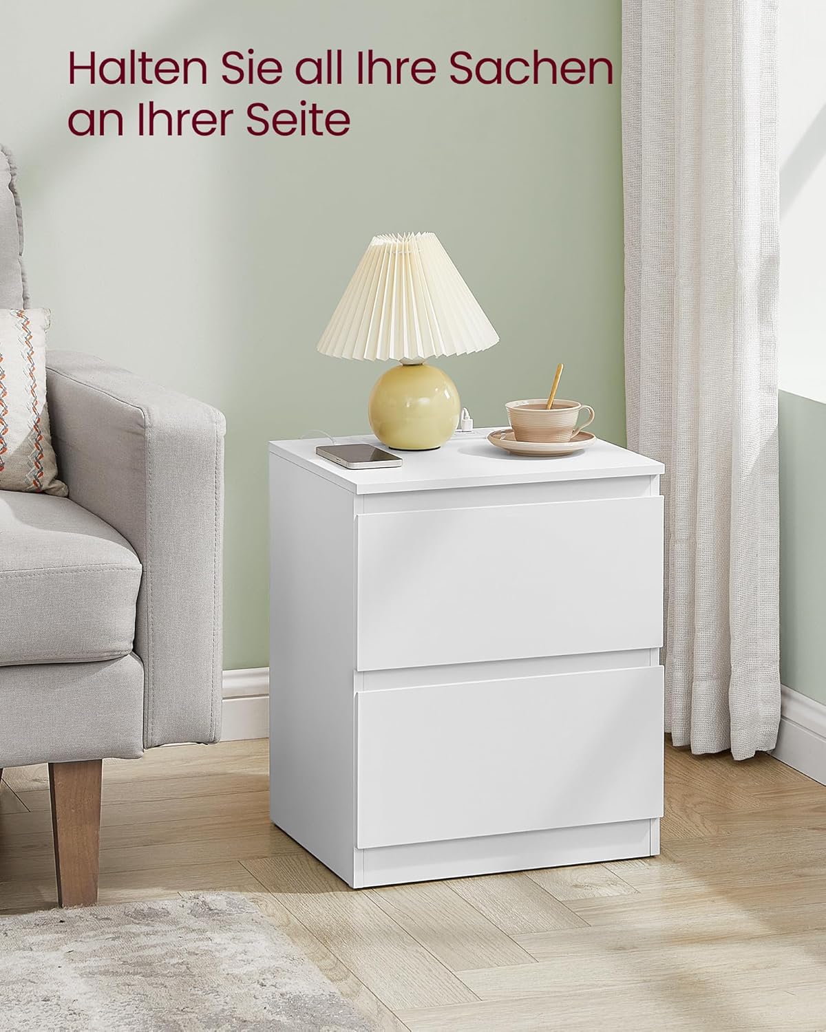 Noćni ormarić s ugrađenom utičnicom, set od 2 komada, oblačno bijela